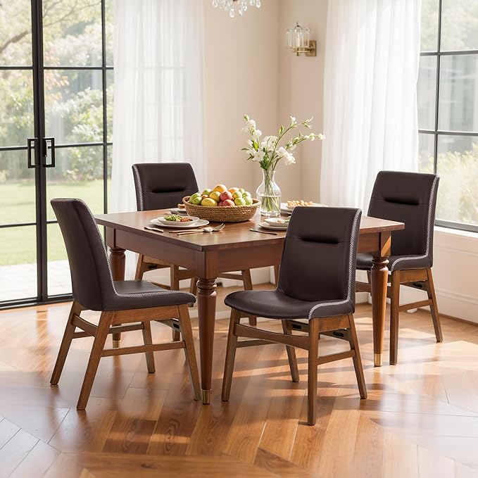 SyMax Dining Chairs Set of 2, Faux Leather Dining Room Chairs with Stitched Edge Trim, Modern High-End Kitchen Side Chairs for Bedroom, Living Room, Dark Brown