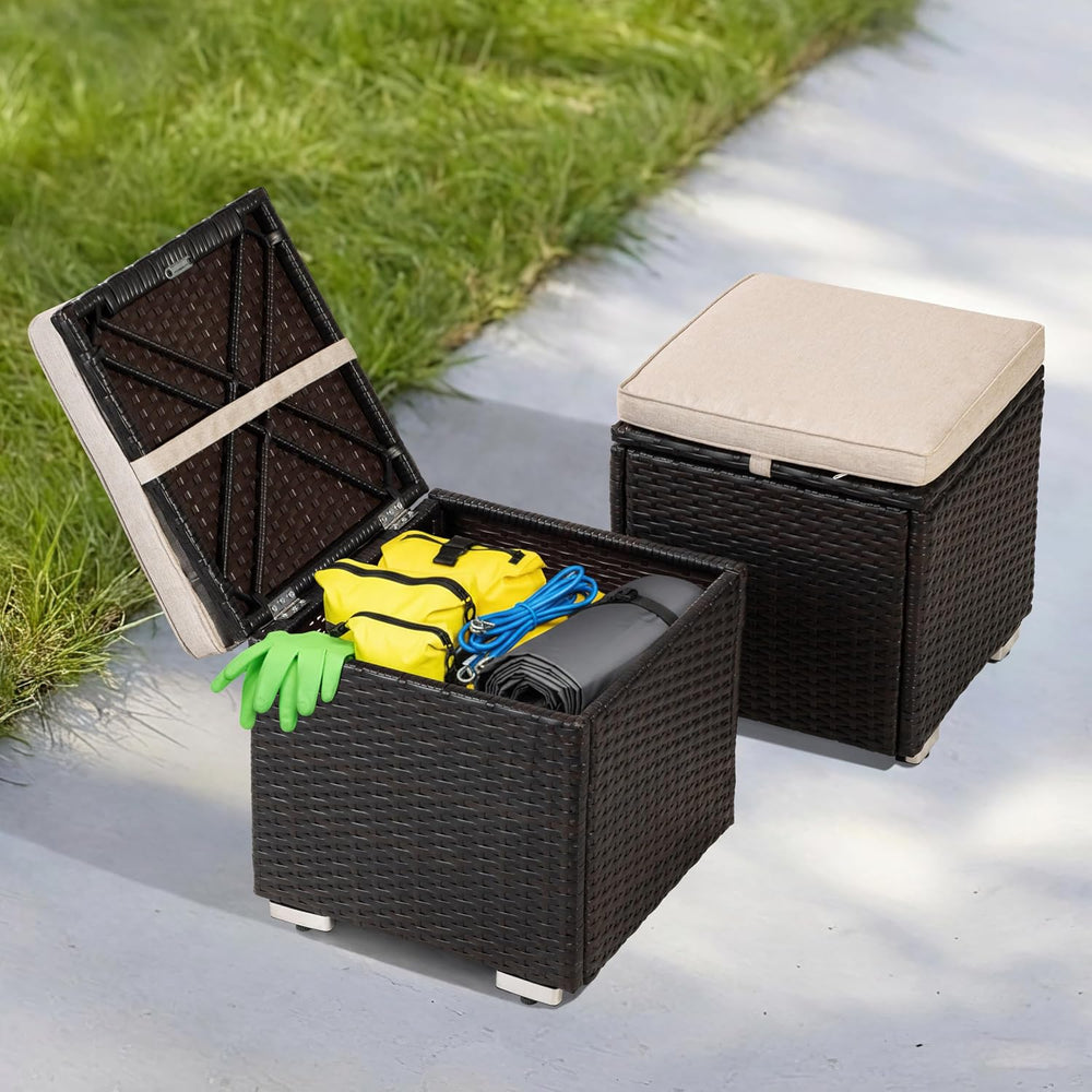 NUU GARDEN Outdoor 2 Piece Outdoor Patio Ottoman, All Weather Rattan Wicker O...