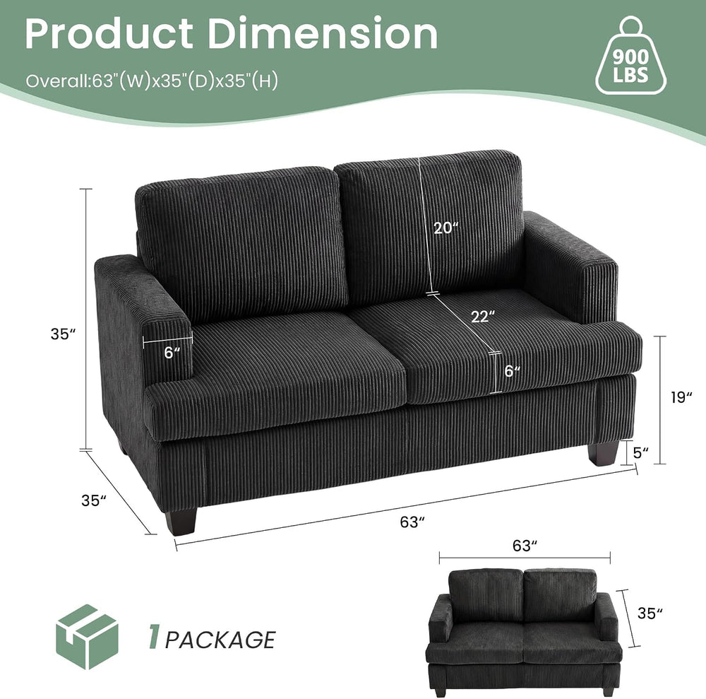 2 Pieces Corduroy Couch Set for Living Room, Black Cloud Sofa, Deep Seat Floo...