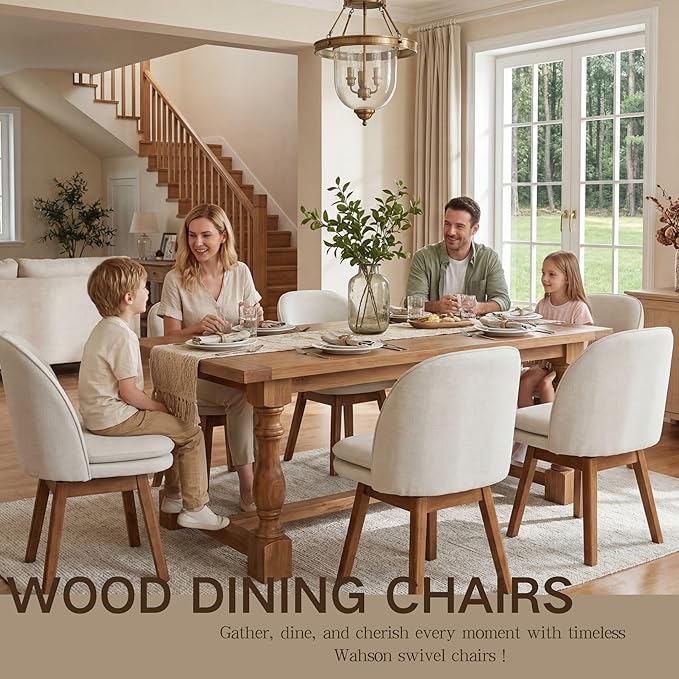 Wahson Upholstered Dining Chairs Set of 6, Modern Linen Fabric Dining Room Chairs with Solid Wood Legs & Double-Padded Seat, Swivel Accent Desk Chair for Kitchen Dining Room Restaurant - Beige