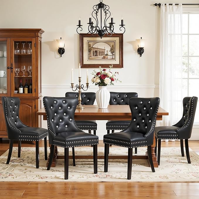 SyMax Dining Chairs Set of 8, Faux Leather Wingback Upholstered Dining Room Chairs with Diamond and Nailhead, Mid Century Modern Tufted Kitchen Chairs with Wood Legs, Black
