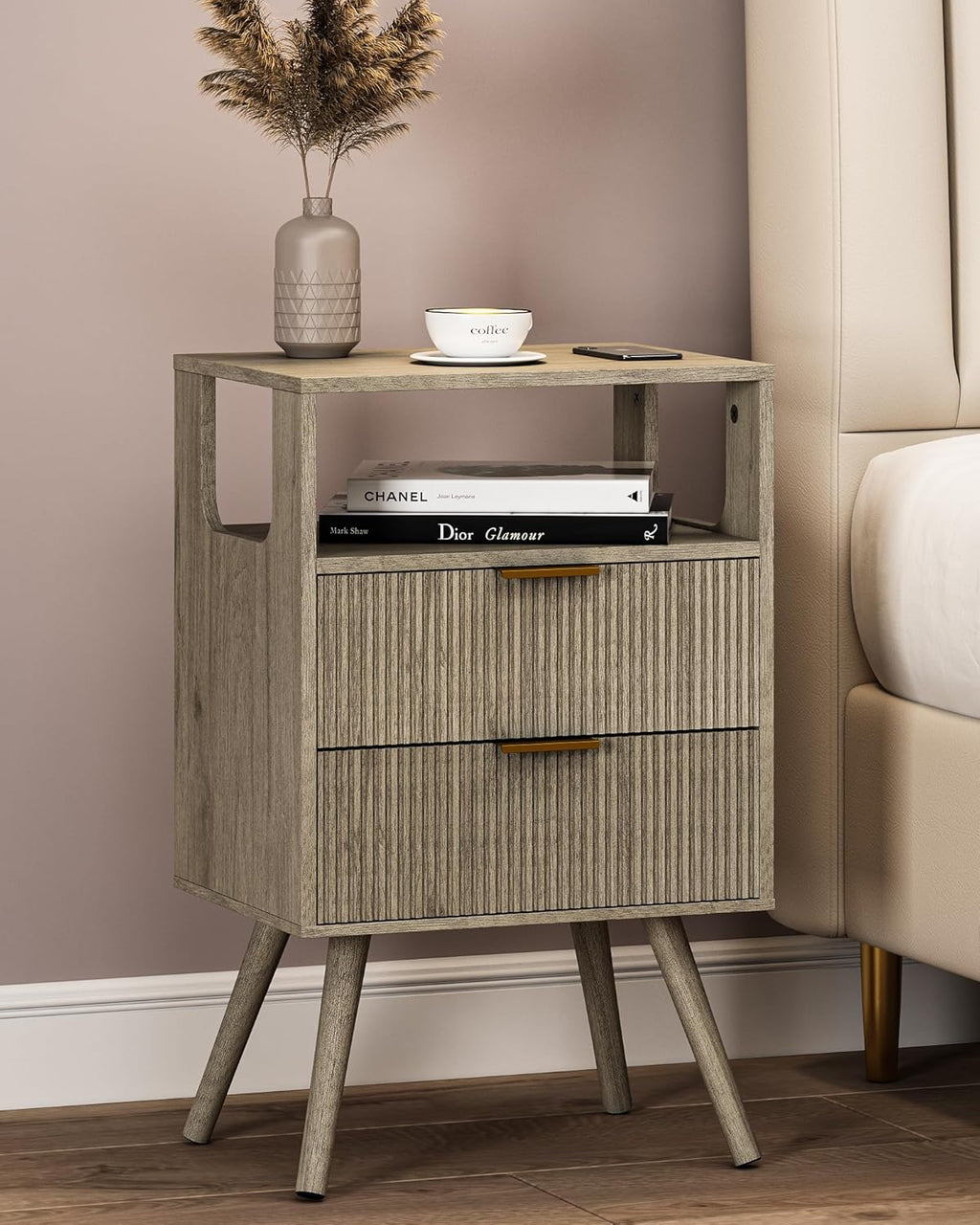 Grey Nightstand,Modern Bedside Table with 2 Storage Drawer and Open Wood Shelf, for Bedroom and Small Spaces,Night Stand with Solid Wood Legs,Grey Oak