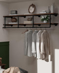 Wall Mounted Clothes Rack 12 Inch Deep, 72 Inch Heavy Duty Garment Rack with Real Walnut Wood Shelf, Multi-Purpose Hanging Rod & Space-Saving Closet Storage Organizer
