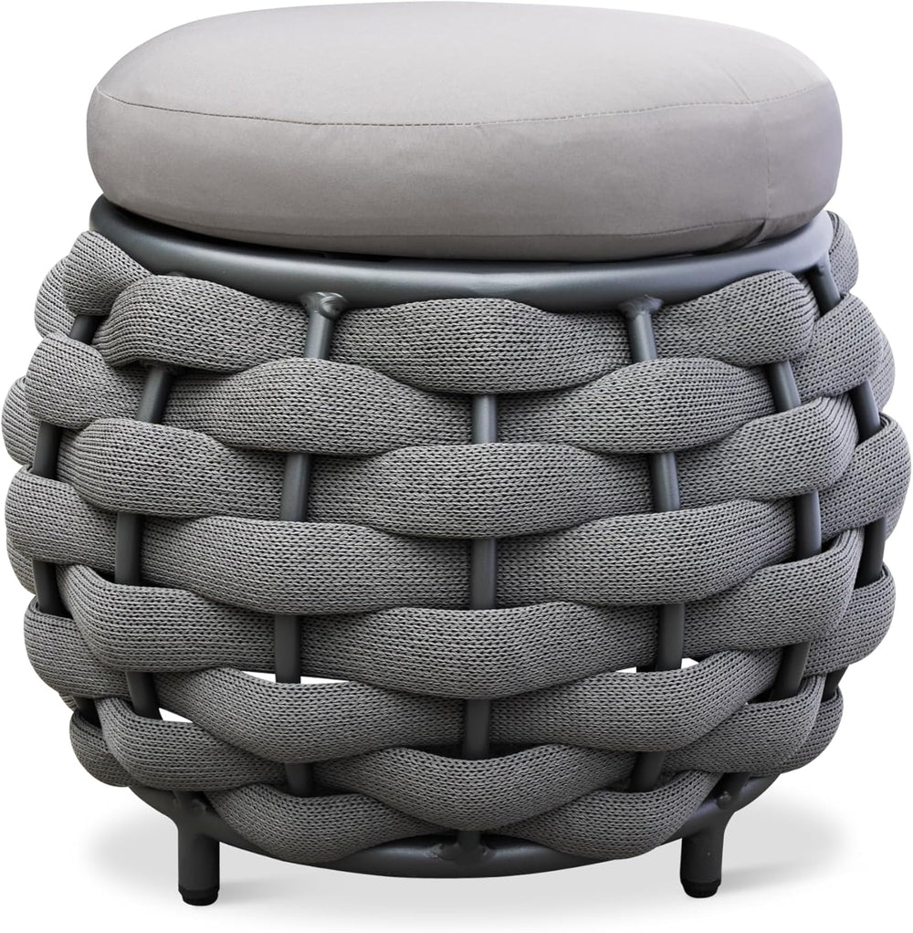 Round Patio Ottoman: Woven Textilene Rope Footstool with φ15.8'' Cush...