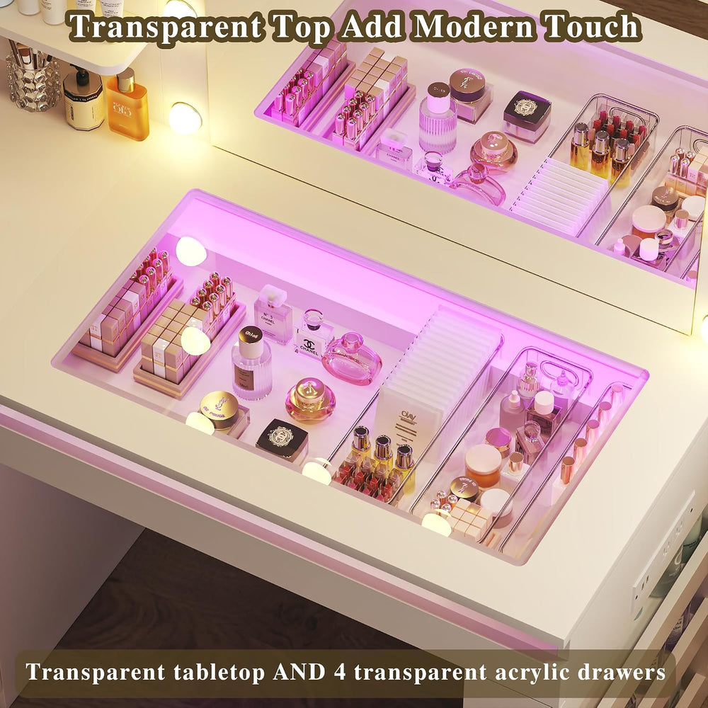 HUAHUU Vanity Desk with Lighted Mirror & Transparent Top, Makeup Vanity D...