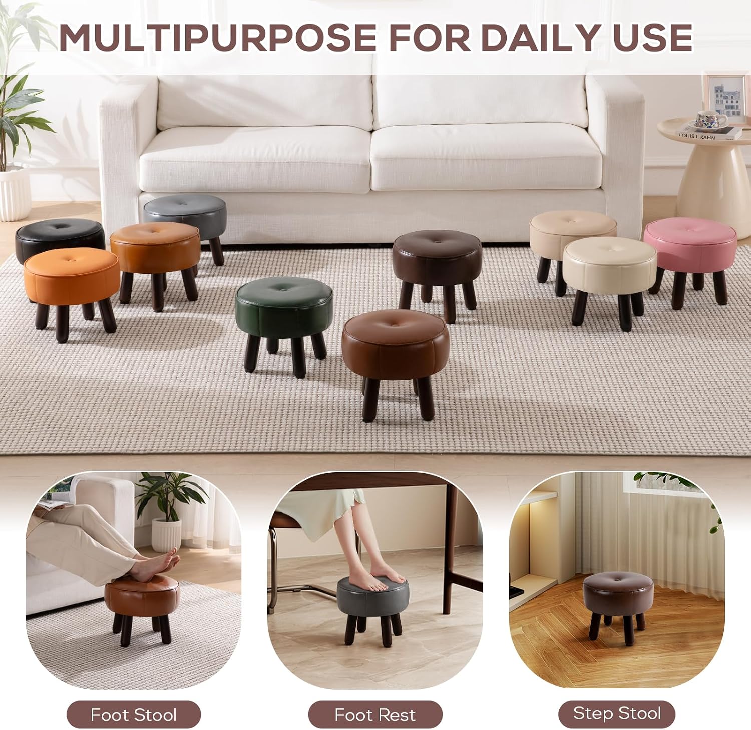Small 13" Foot Stool Ottoman, Round Pouf Foot Rest, Faux Leather Footstool | Small Foot Stool with Rubber Legs Under Desk, Footrest for Couch, Living Room Bedroom Office, 13''L x 13''W x 10.2''H, Coffee