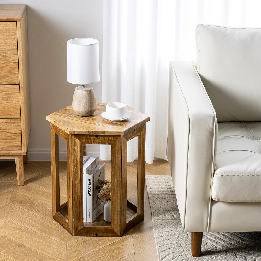 MyGift Hexagon Acacia Wood End Table with Shelf – 20-Inch Tall Small Side Tab...