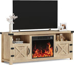 YESHOMY Fireplace TV Stand with Barn Doors and Open Display Shelf, Farmhouse Media Console with Hidden Cable Routing, Entertainment Center for Televisions up to 65+ Inch, Natural Oak