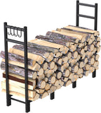 Firewood Rack Outdoor, 44.7" x 9.8" x 31.5", Black | Adjustable Wood Holder, 4 Hooks, Heavy Duty Log Rack, Indoor/Outdoor Firewood Storage