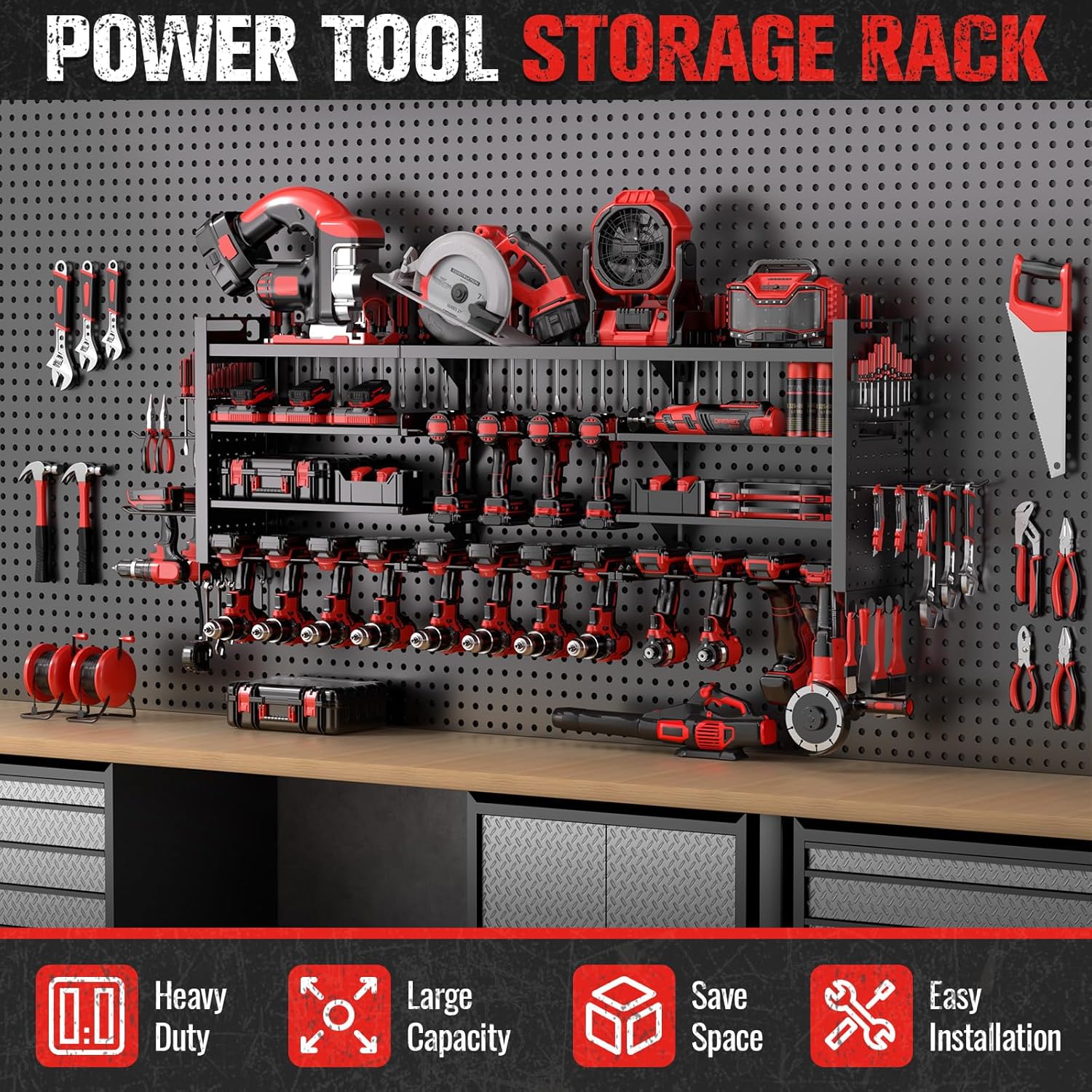 49.8" W Super Large Power Tool Organizer Wall Mount,4-Layer Heavy Duty Tool Storage with 18 Cordless Drill Holder,600 lb Capacity Garage Organization for Garage and Workshop (Black)