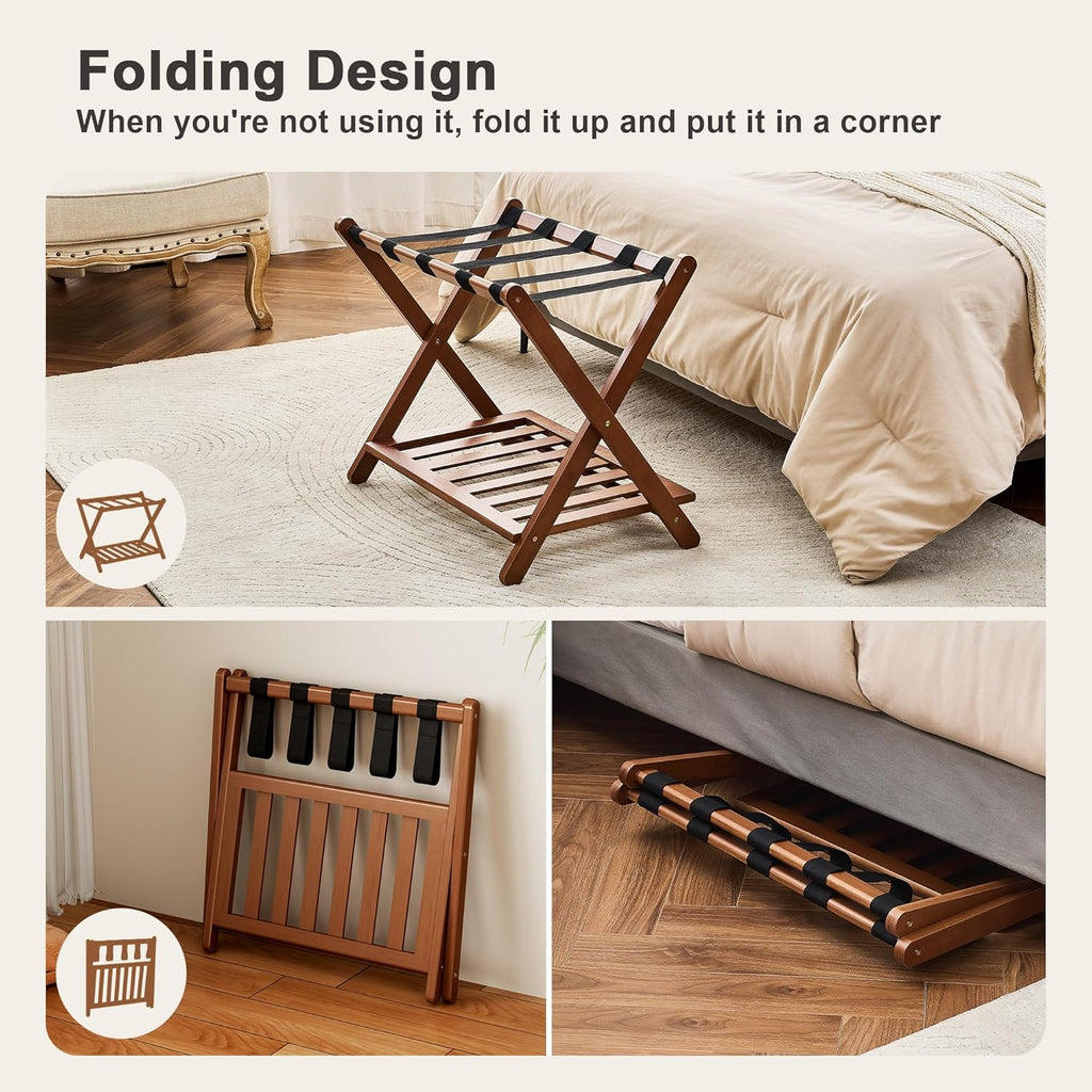 oakvivo Fully Assembled Walnut Luggage Racks Set of 2, Bamboo Luggage Rack Stand for Guest Room, 5 Nylon Straps, 26.77" Folding Suitcase Stand with Storage Shelf for Bedroom Hotel, Holds up to 165 Lbs