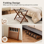 oakvivo Fully Assembled Walnut Luggage Racks Set of 2, Bamboo Luggage Rack Stand for Guest Room, 5 Nylon Straps, 26.77" Folding Suitcase Stand with Storage Shelf for Bedroom Hotel, Holds up to 165 Lbs