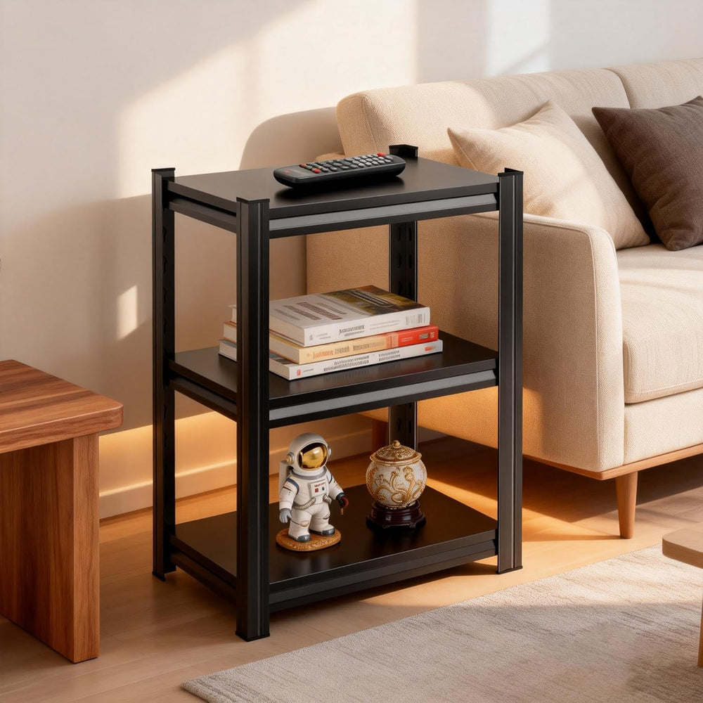 3-Tier Small Bookcase & Office Side Table, Black Industrial Bookshelf, Ad...