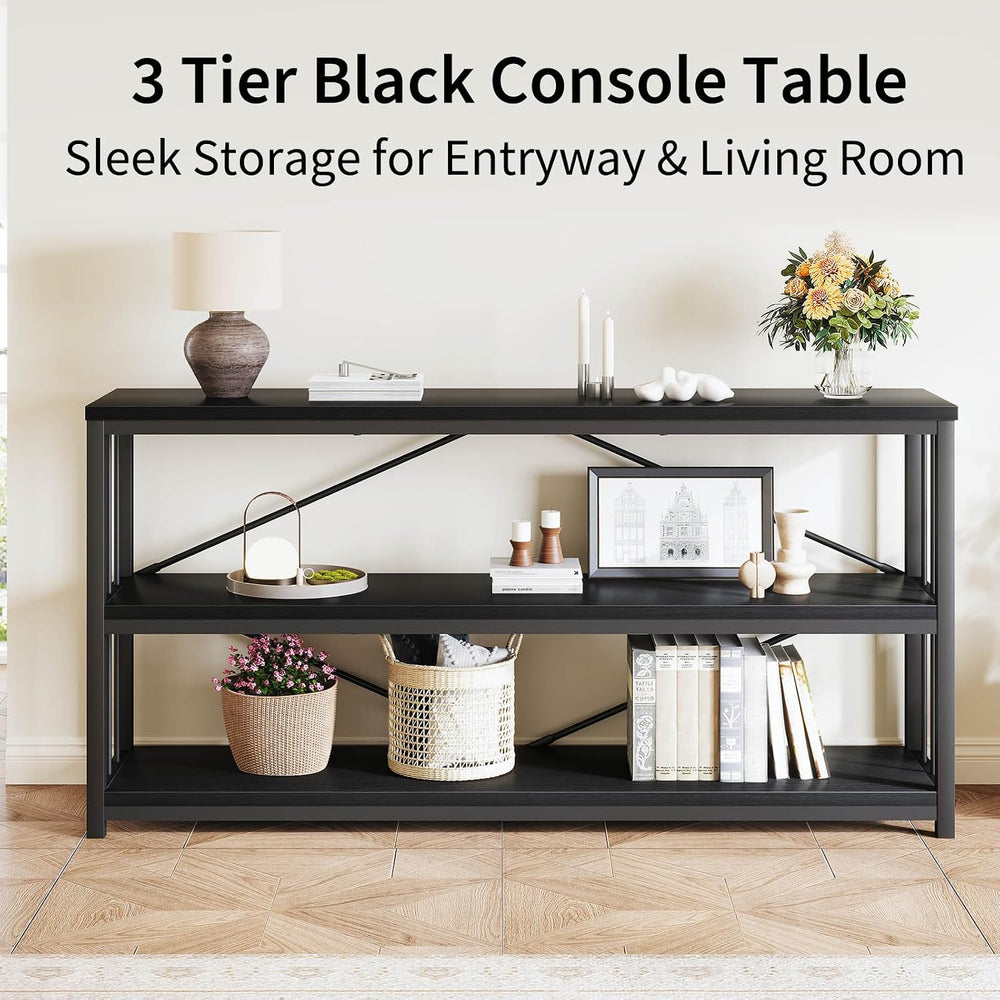 LVB Farmhouse Industrial Console Table for Home, Black Oak, 70 Inch | Wood Me...