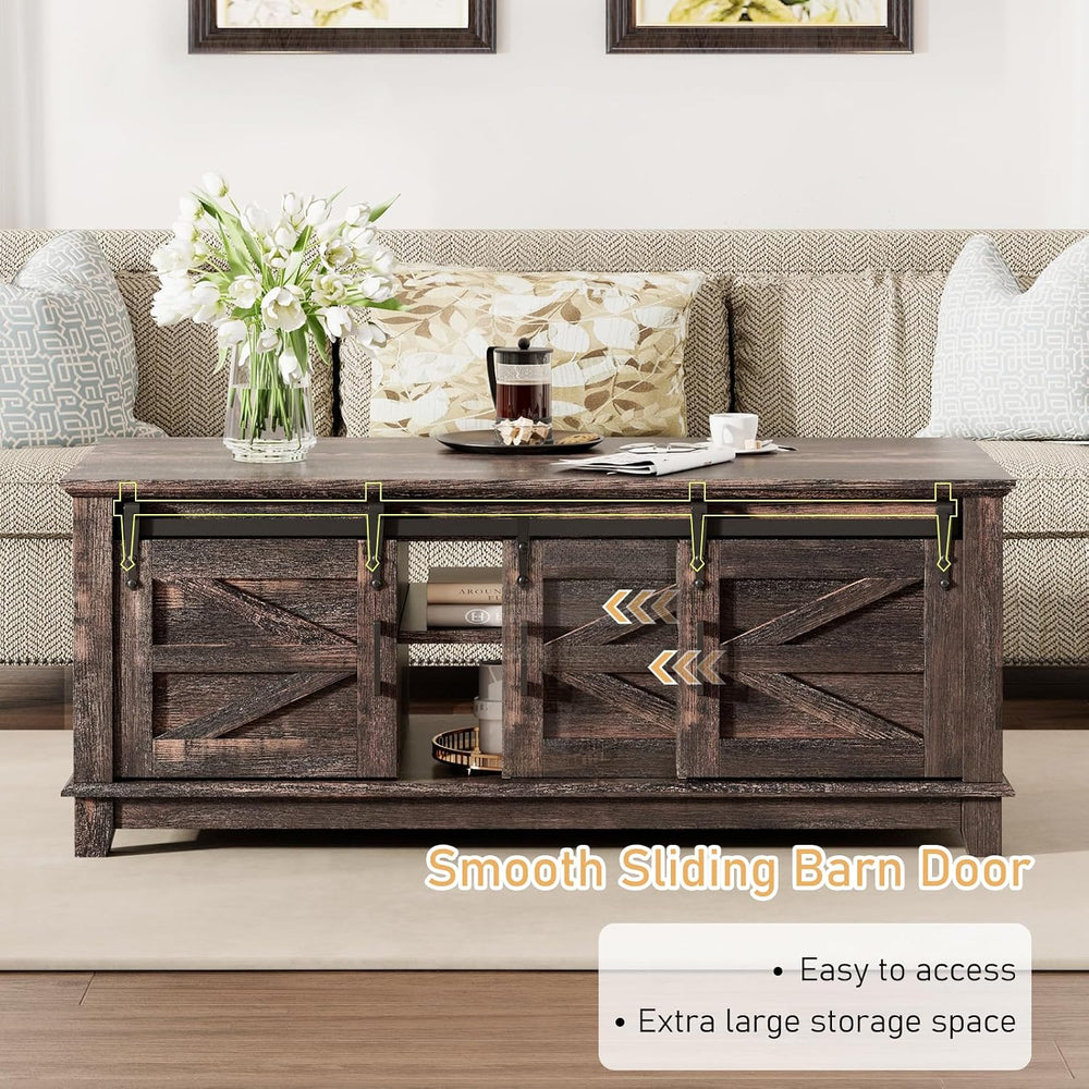LUXOAK Farmhouse Table Set of 3, Coffee Table with Sliding Barn Doors, End Ta...