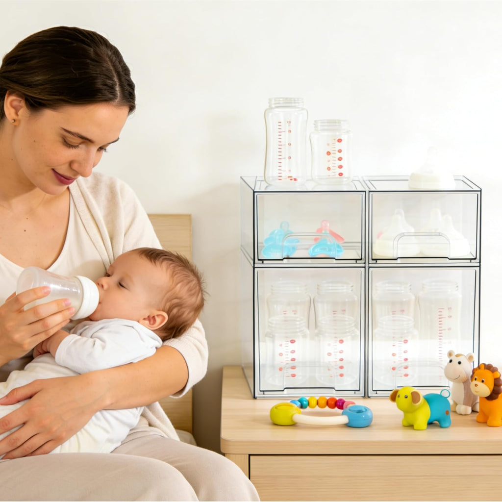 Baby Bottle Organizer, 4 Pack Bottle Storage Organizer Baby with Labels, Clear Stackable Storage Drawers for Bottles, Nipples, Pump Parts, Bottle Station Organizers for Countertop and Cabinet