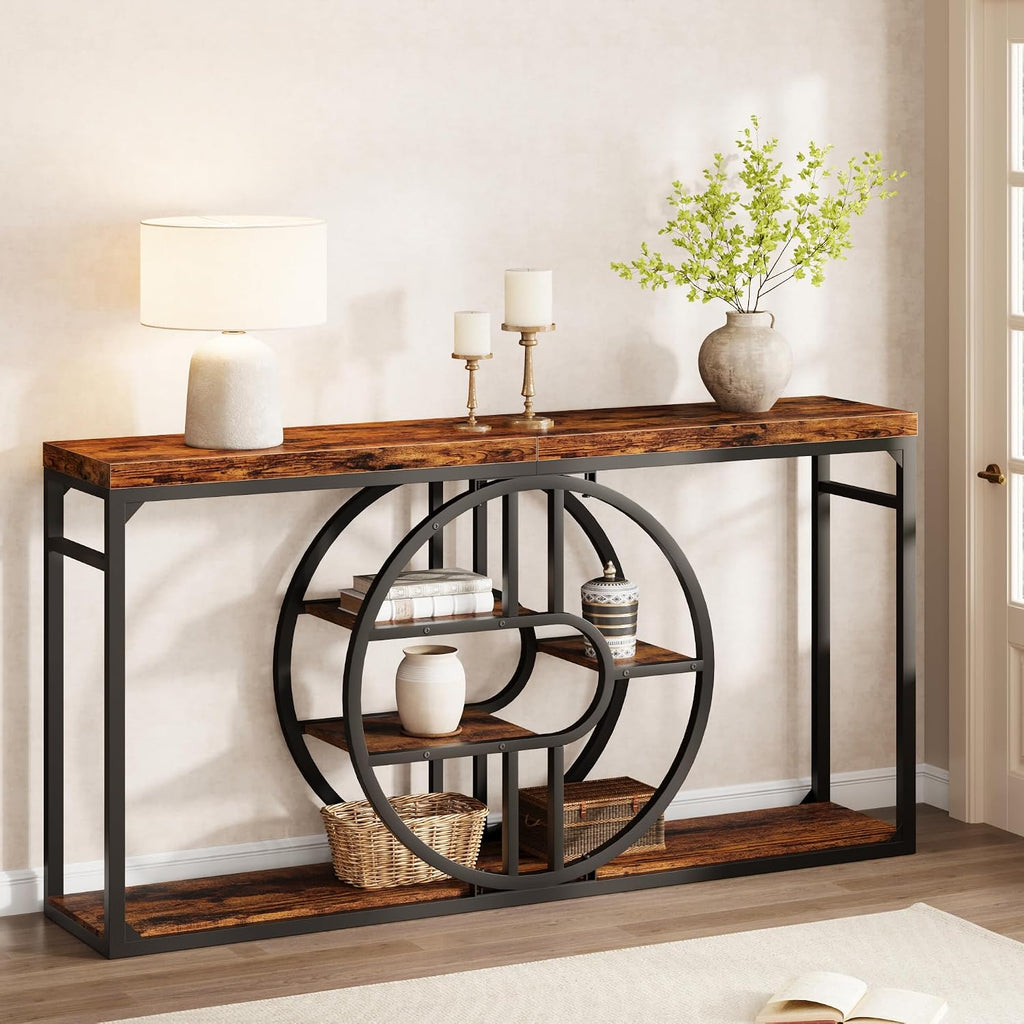 GAOMON 55 Inch Industrial Narrow Console Table, 5-Tier Entryway Table with O-Shaped Metal Frame, Extended Storage Sofa Table for Hallway, Entrance, Living Room