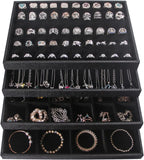Julysky 4 Pcs/set Stackable Jewelry Organizer Trays for Drawer,100 Slots Ring Tray，Necklace Tray,12 Grid,24 Grid Jewelry Displays for Selling,Black