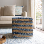 LR Home Indoor Ottoman Pouf for Home décor | Farmhouse Striped Pouffe for Living Room, Bedroom, Lounge, Nursery, Kidsroom | 18" x 18" x 18", Denim/Beige