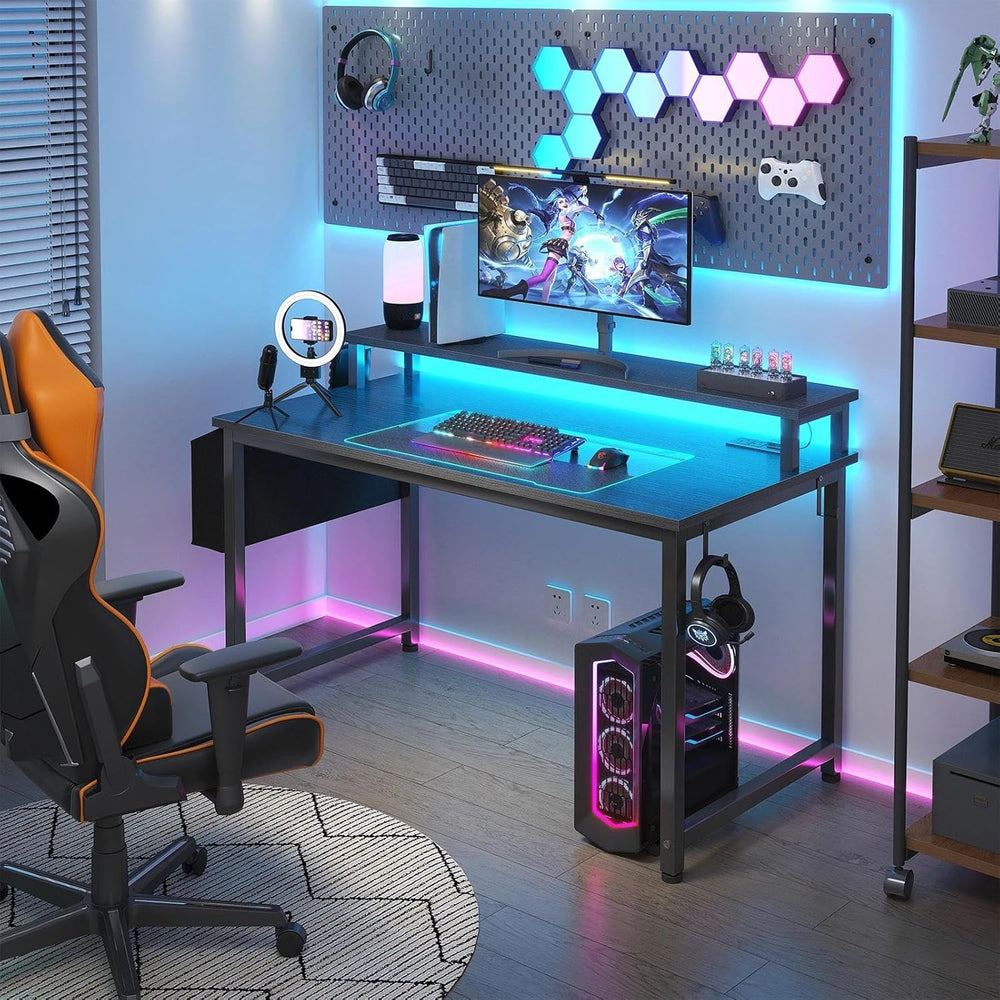 Lufeiya Black Gaming Desk with LED Lights and Power Outlets, 40 Inch Teen Wri...