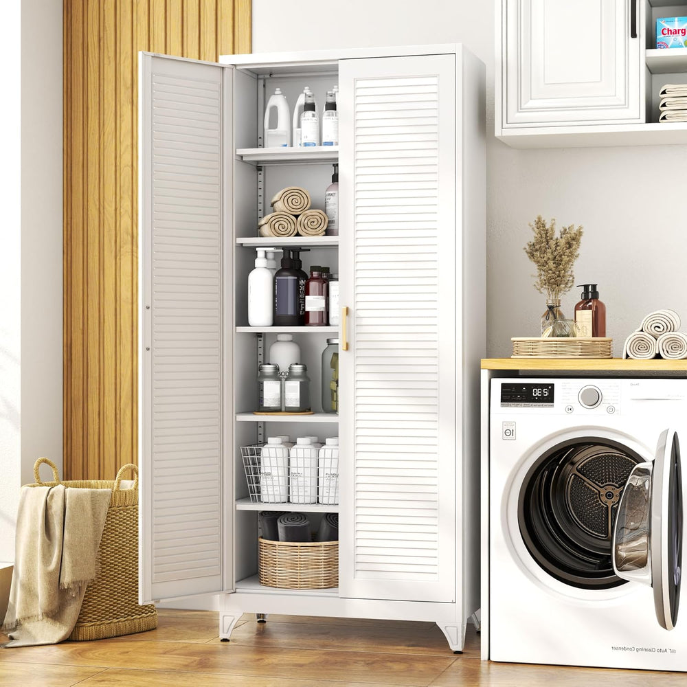 75" Metal Pantry Cabinet,Kitchen Storage Cabinet with Shelves | Louvered...
