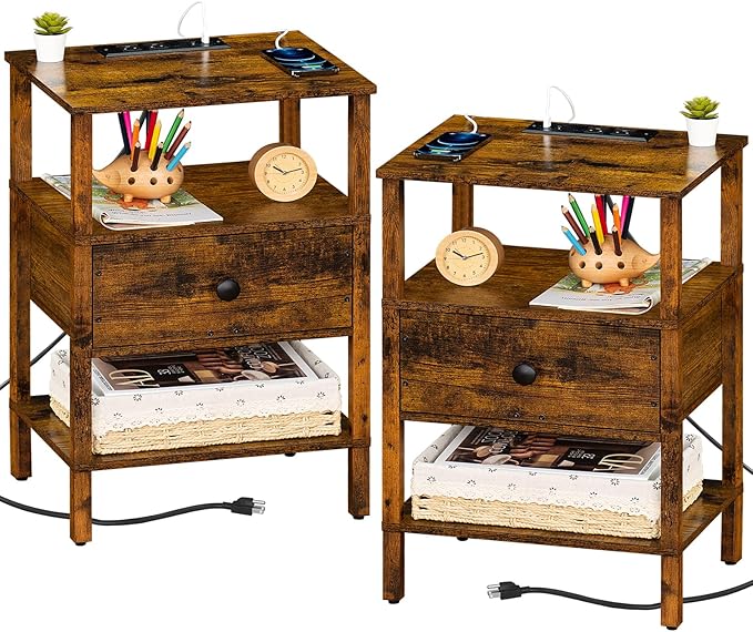 Lerliuo Nightstand Set of 2 with Charging Station and USB Ports, 3-Tier Stora...
