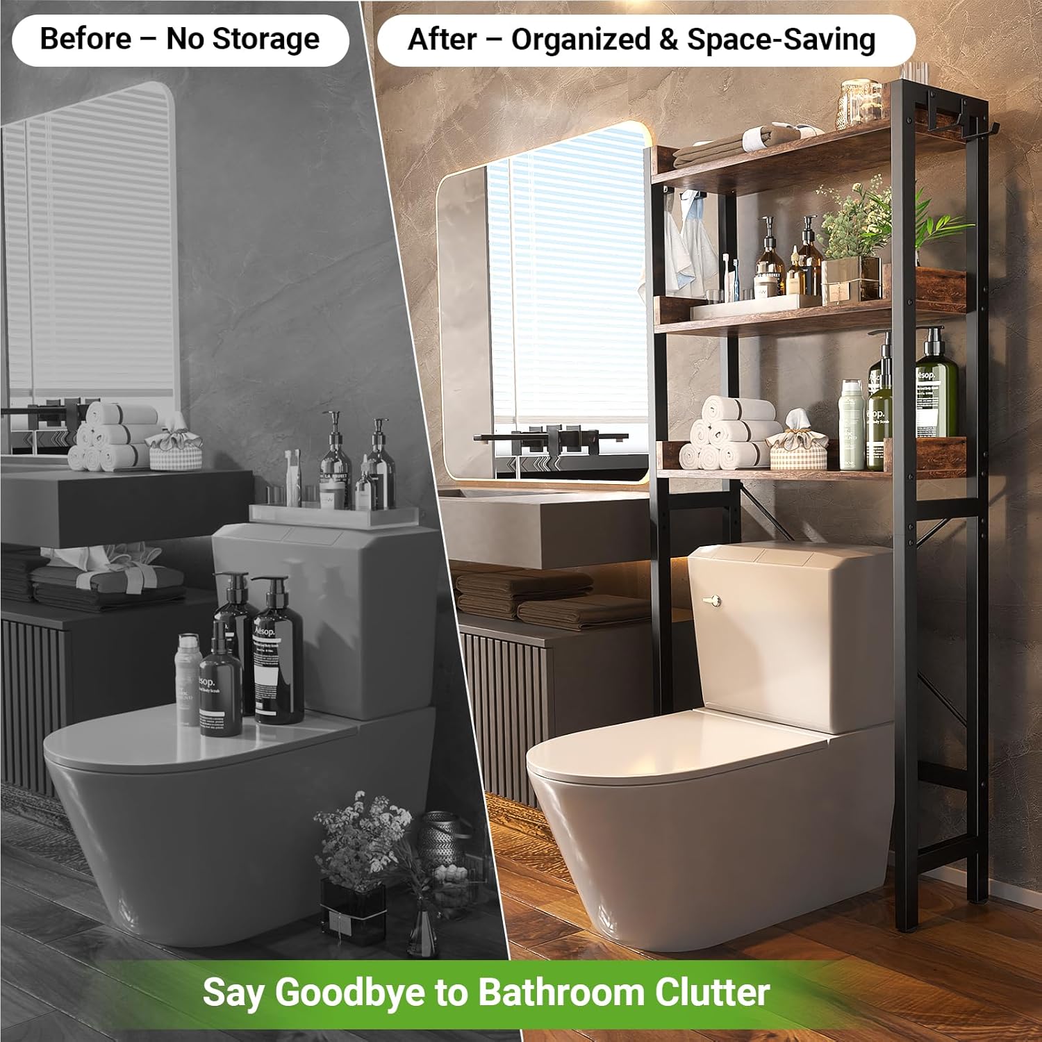 Over The Toilet Storage Rack - 3 Tier Bathroom Organizer with Shelves, Freestanding Space Saver Storage Rack Above Toilet Stand with 4 Hooks for Restroom, Laundry, Rustic Brown