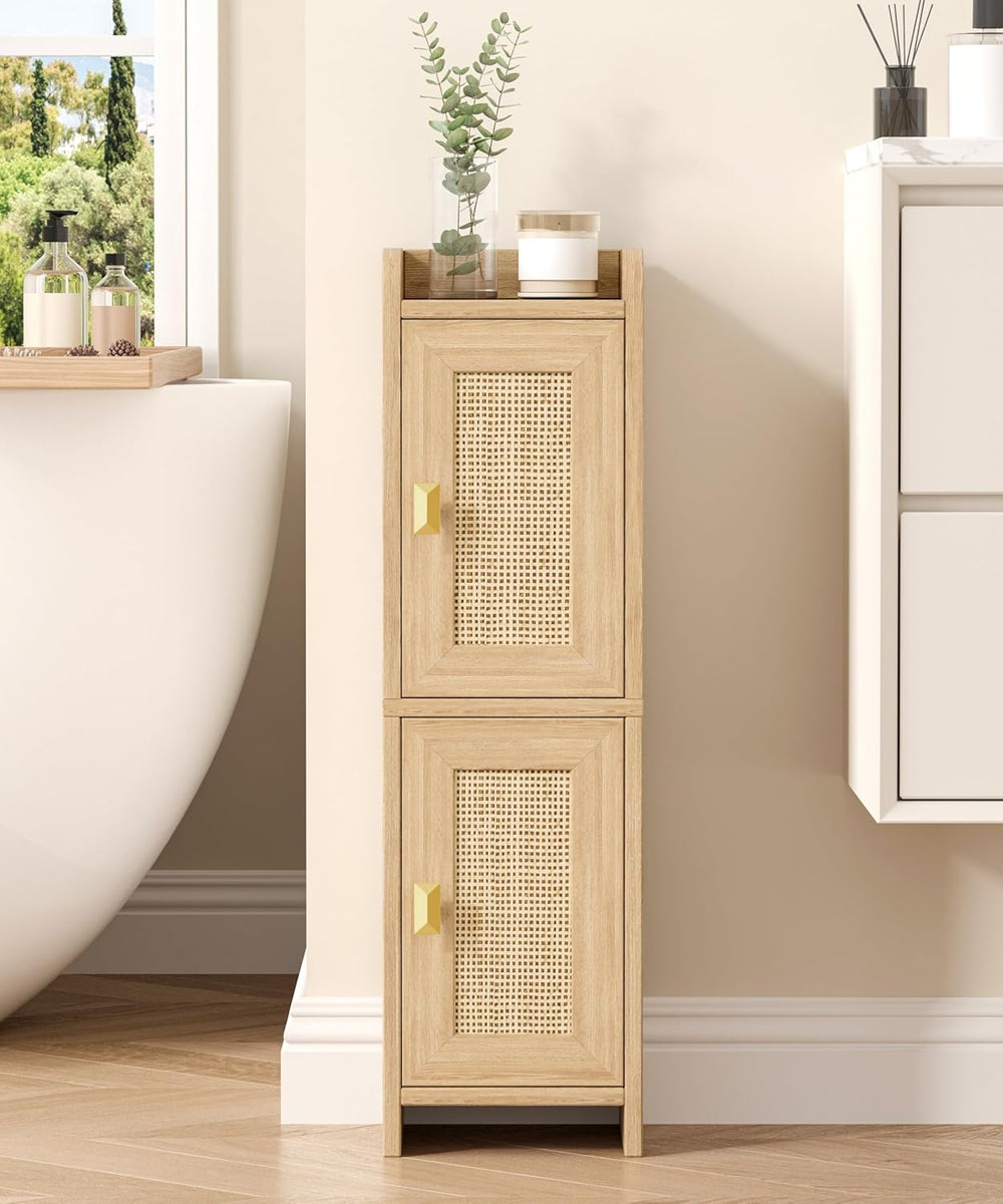 Akxomel Rattan Small Bathroom Cabinet Narrow Toilet Paper Organizer Oak | 7.9...