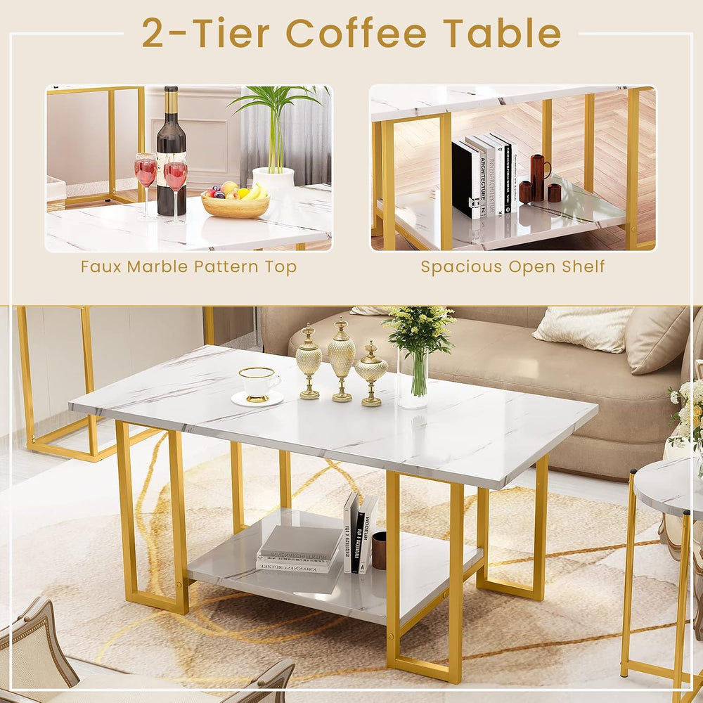 AWQM 3pcs Living Room Table Set, Faux Marble White Coffee Table & 3-Tier ...
