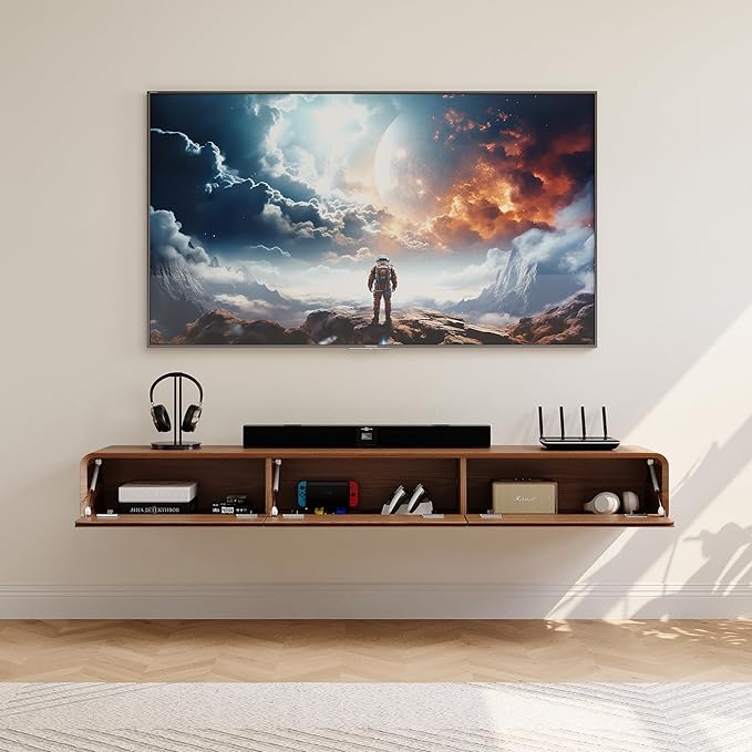 POVISON Fully-Assembled Minimalist Floating TV Stand, Modern Wall-Mounted Entertainment Center with 3 Flip-Down Cabinet Doors, Solid Wood Media Console, 70.87"