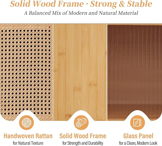 Tiita Rattan TV Stand for 55 Inch TV, Bamboo TV Cabinet with Adjustable Shelf and Storage, Boho Entertainment Center, Mid Century Modern Media Console for Bedroom, Living Room, Study (Natural)