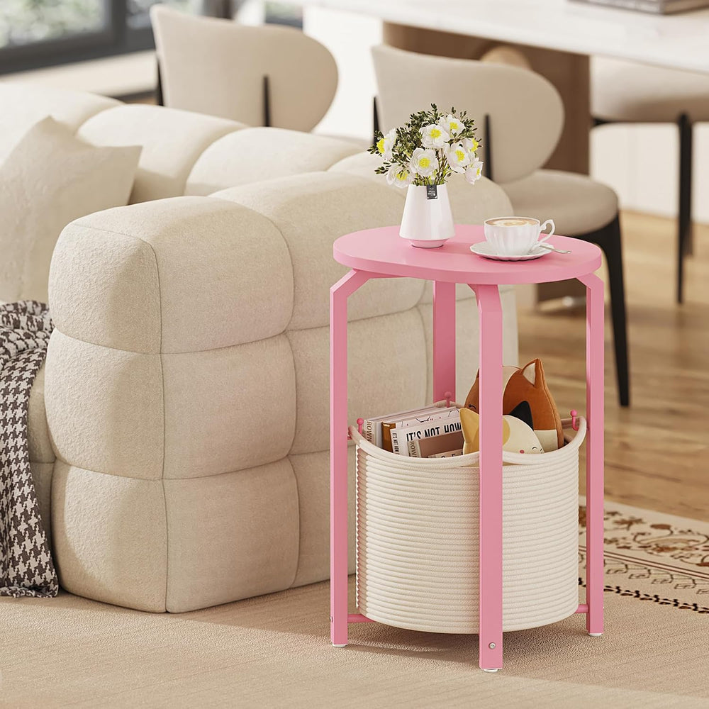 TUTOTAK Oval End Table with Woven Storage Basket, Pink Small Side Table for L...