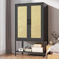 Wooden Wardrobe Closet, 2 Doors Rattan Almirah with Hanging Rail, Soft Hinge, Metal Leg and Bottom Storage Shelf, Practical Closet Organizer for Bedroom (Black)