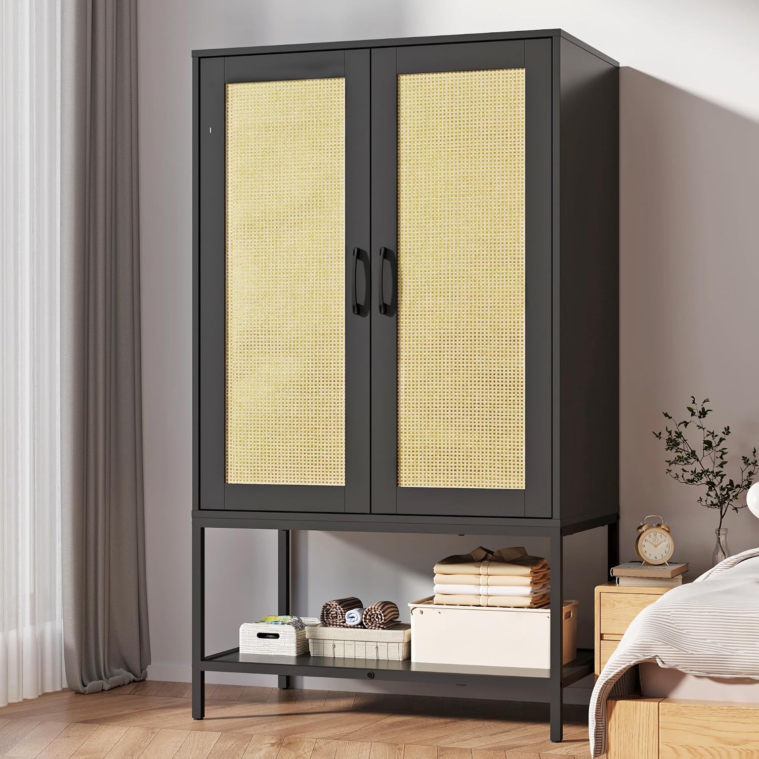 Wooden Wardrobe Closet, 2 Doors Rattan Almirah with Hanging Rail, Soft Hinge, Metal Leg and Bottom Storage Shelf, Practical Closet Organizer for Bedroom (Black)
