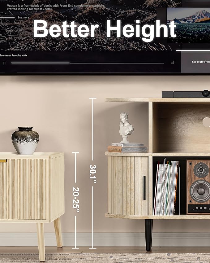 35.4" Fluted Small TV Stand, Mid Century Modern TV Stands for Bedroom,TV Entertainment Center with Storage for TVs, Round Media Console Cabinet with Sliding Doors for Bedroom, Living Room, Nature