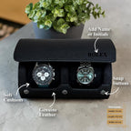 DailyWatch | Personalized Watch Roll Travel Case For 2 Watches - Handmade Genuine Leather Travel Case With Custom Engraving of Name or Initials - All Black