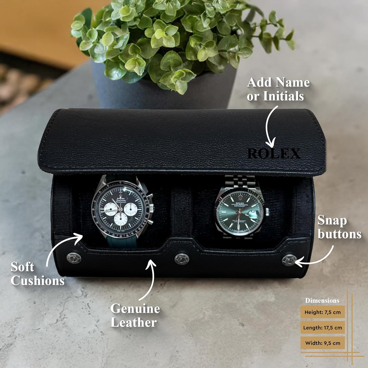 DailyWatch | Personalized Watch Roll Travel Case For 2 Watches - Handmade Genuine Leather Travel Case With Custom Engraving of Name or Initials - All Black