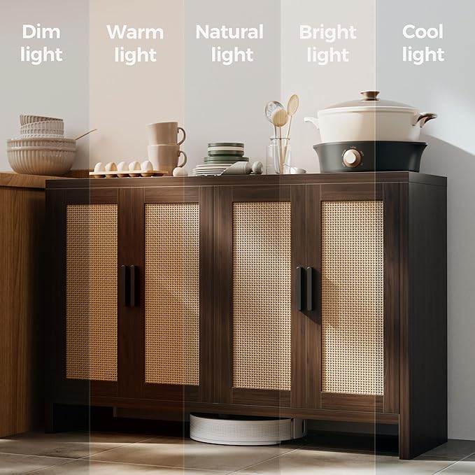 Rattan Buffet Cabinet with Storage, Sideboard Cabinet with Doors and Adjustab...