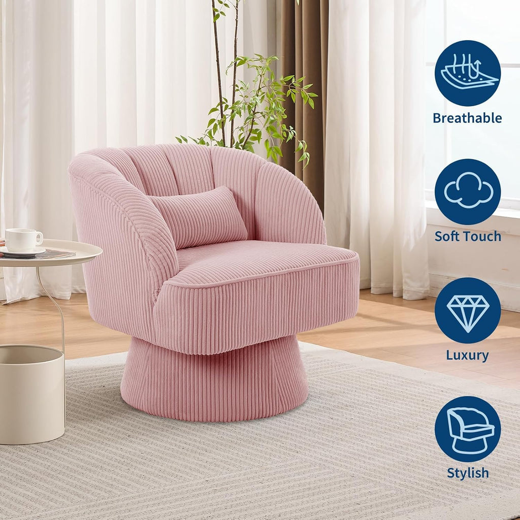 Modern 360° Swivel Barrel Accent Chair, Velvet Upholstered Armchair with Striped Backrest & Plush Cushion, Comfy Round Lounge Chair for Living Room Bedroom, Pink