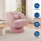 Modern 360° Swivel Barrel Accent Chair, Velvet Upholstered Armchair with Striped Backrest & Plush Cushion, Comfy Round Lounge Chair for Living Room Bedroom, Pink