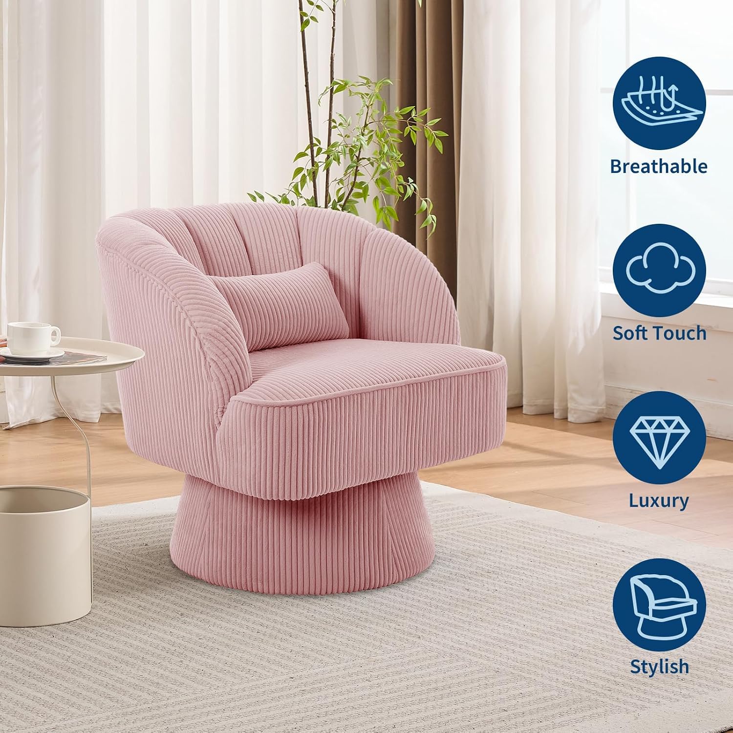 Modern 360° Swivel Barrel Accent Chair, Velvet Upholstered Armchair with Striped Backrest & Plush Cushion, Comfy Round Lounge Chair for Living Room Bedroom, Pink