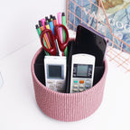 Round Leather Art Supply Organizer,Remote Control Holder,360 Degree Spinning,Multi-Functional Pencil Holder,4 Compartments Desktop Stationary Organizer(1-Wood Pink)