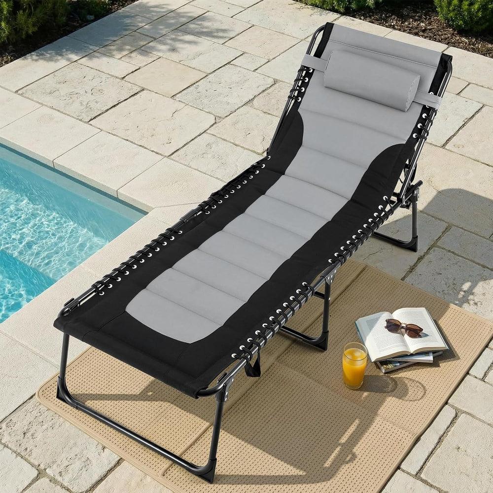 TLSUNNY Padded Folding Lounge Chair, Portable Reclining Chair with Pillow &am...
