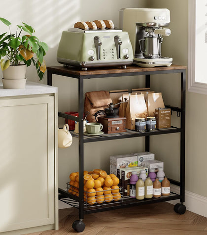 itchen Rolling Cart, 3-Tier Microwave Stand with Lockable Wheels, One-Piece Shelf, Kitchen Utility Storage Cart for Coffee Bar,Apartment, Dorm, Laundry Room, Office, 23.6" x 15.7" x 27.6", Brown