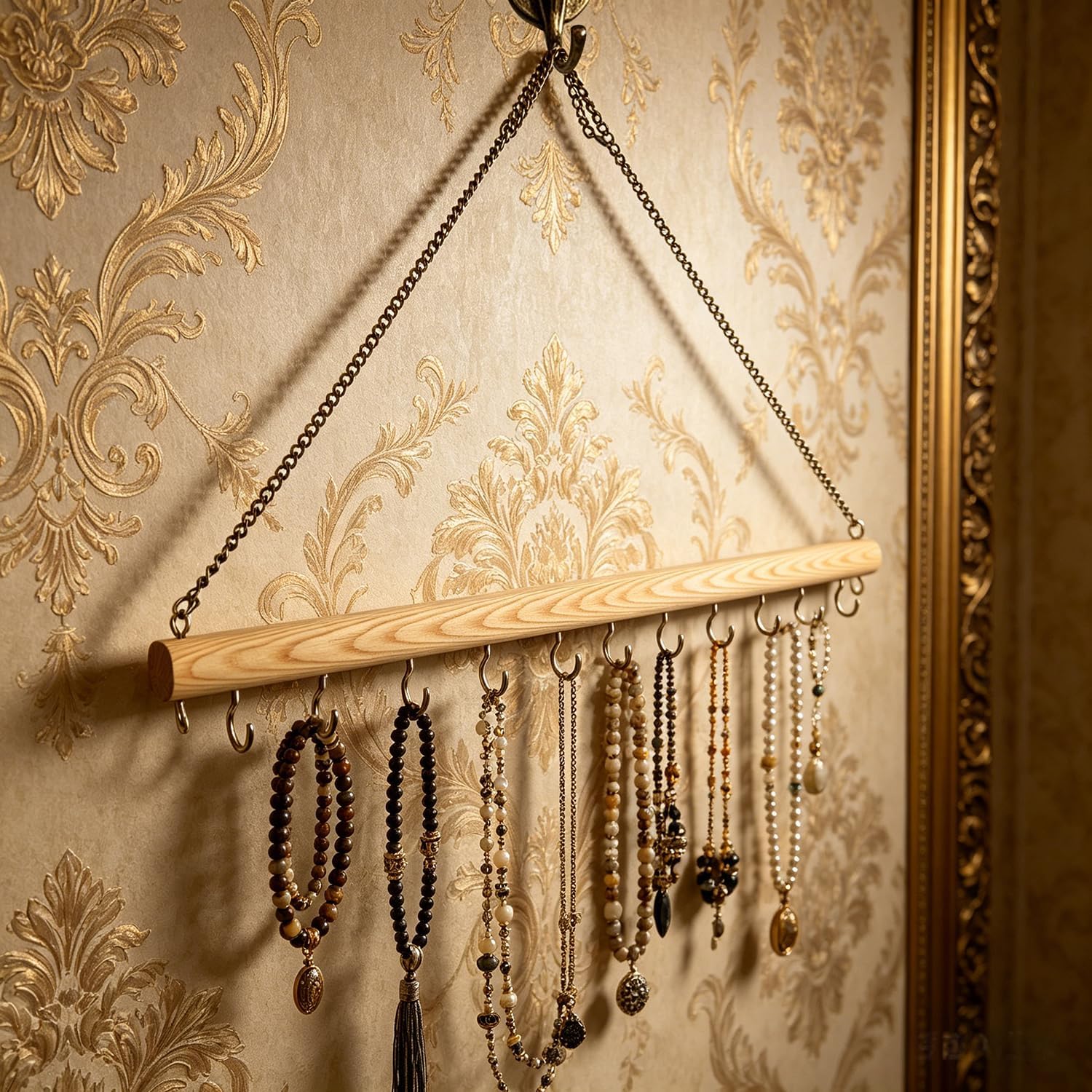Hanging Jewelry Organizer with 36 Hooks - 15.7 Inch Hanging Wooden Display Rack for Necklaces, Bracelets, Earrings, Headbands - Space Saving Decor
