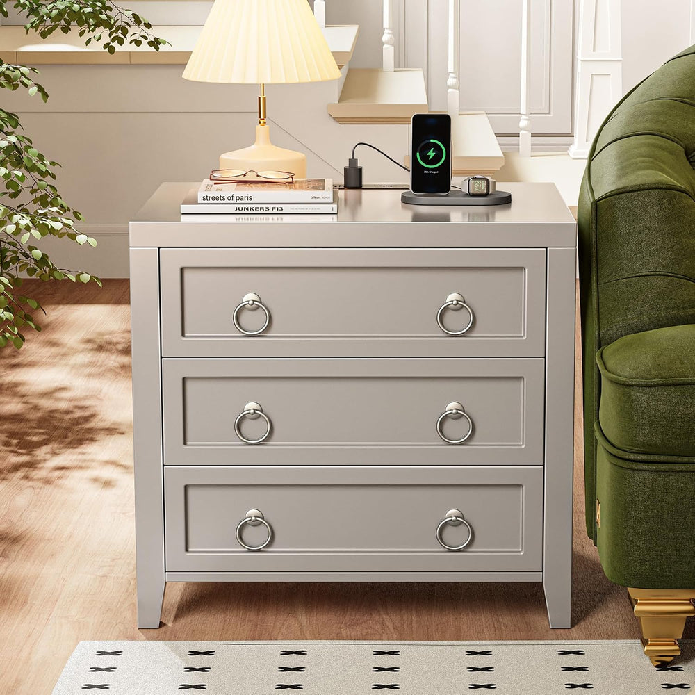 Huuger Paint Night Stand with Charger Station, 3 Drawer Nightstand Set of 2