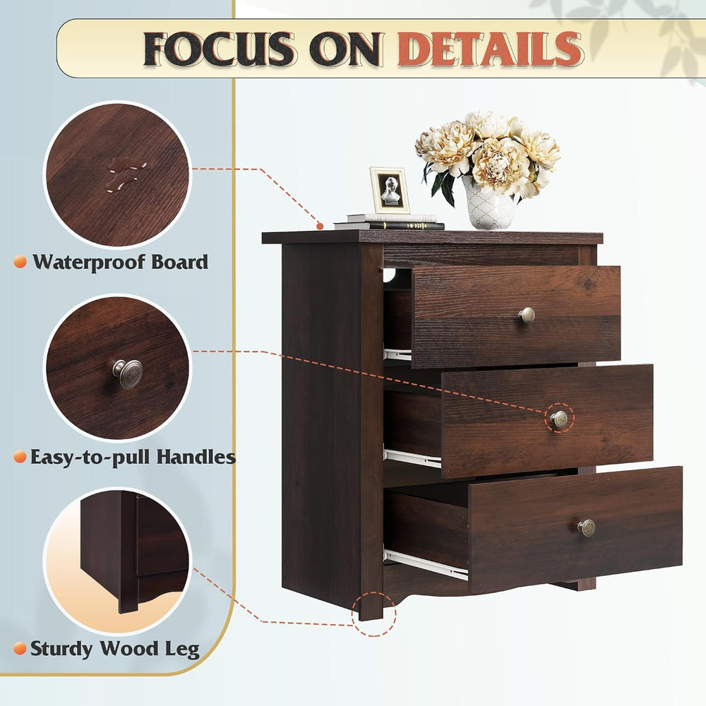 WLIVE Tall Nightstand with Charging Station, Wood Night Stand with 3 Drawers ...