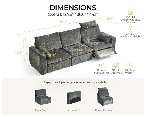 124.8'' Oversized Power Recliner Sofa with Headrest, Extra Wide Deep Modular Cloud Sectional Reclining Couch Wall Hugger, Convertible 3-Seater for RV Home Theater Living Room, Chenille, Grey