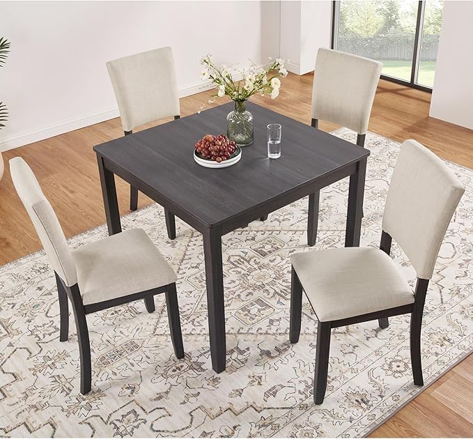 KEIKI 5-Piece Standard Height Dining Table Set with Square Table, 4 Upholstered Curved Backrest Chair, for 4 Person, Modern Style Table Set, Easy Assembly, for Kitchen, Dining Room, Black+Beige