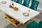 94 Inch White Marble Dining Table for 6-10 People, Modern Extra Long Rectangular Kitchen Table w/Faux Marble Top & Gorgeous Mirrored Stainless Steel Base, Large Rectangular Gold Dining Room Table